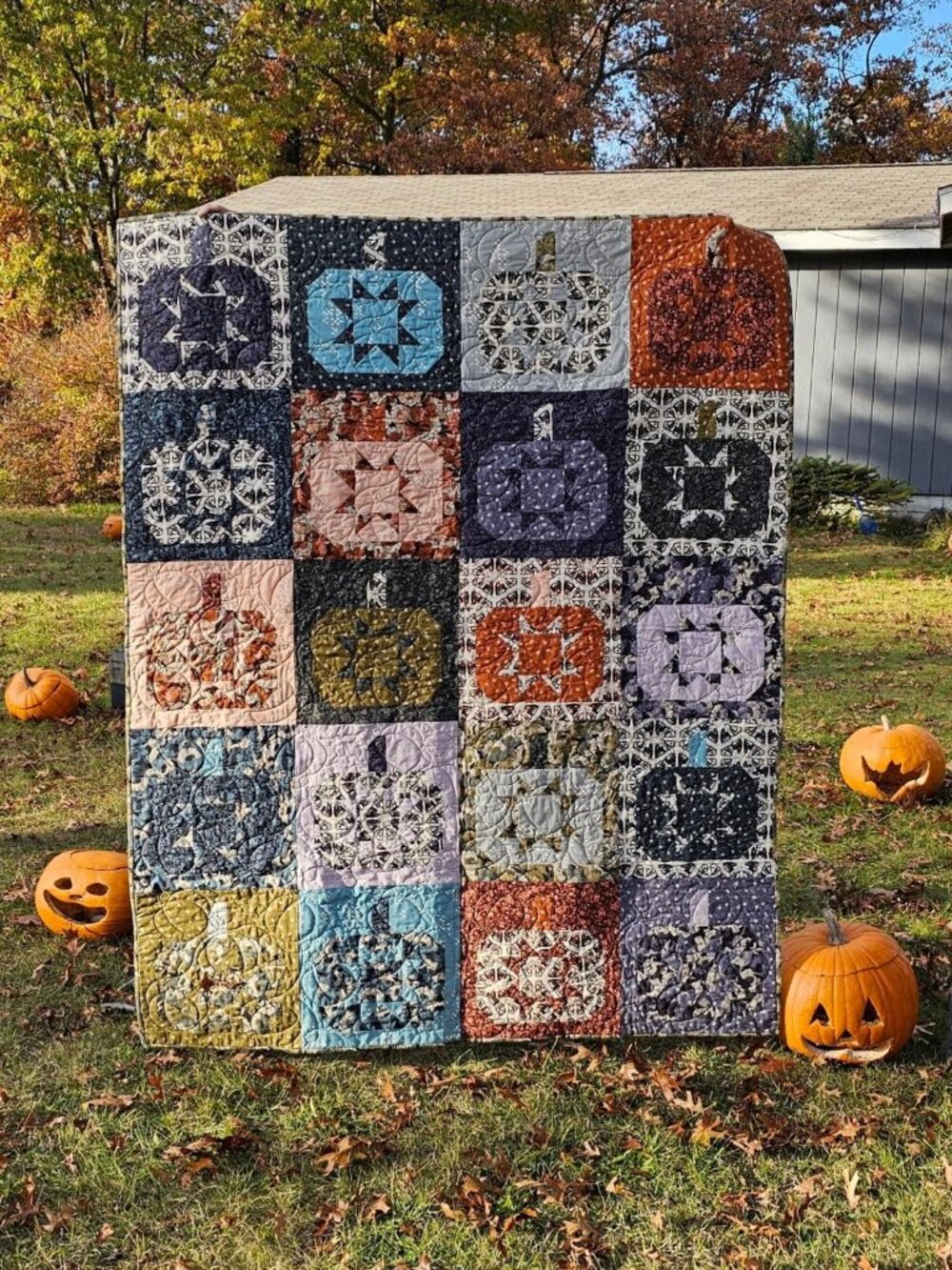 Pumpkin Glow Handcrafted Throw Quilt 54"x68" | Halloween Autumn Fall Quilt Stars